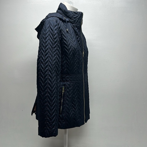 Kate Spade Jacket Coat Chevron Quilted Full Zip Hooded Navy Blue Size M Medium - Picture 3 of 10
